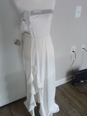 Strapless White Ruffle-Front Maxi Dress